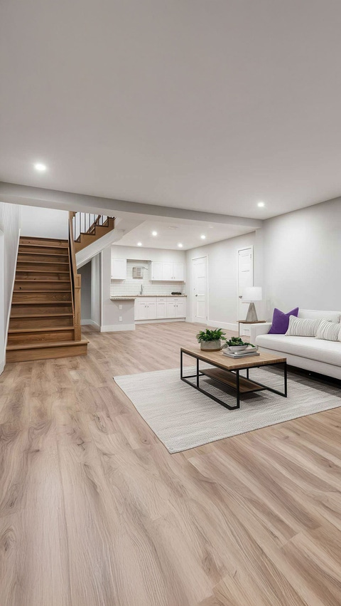 Finished basement living room with couch and tables