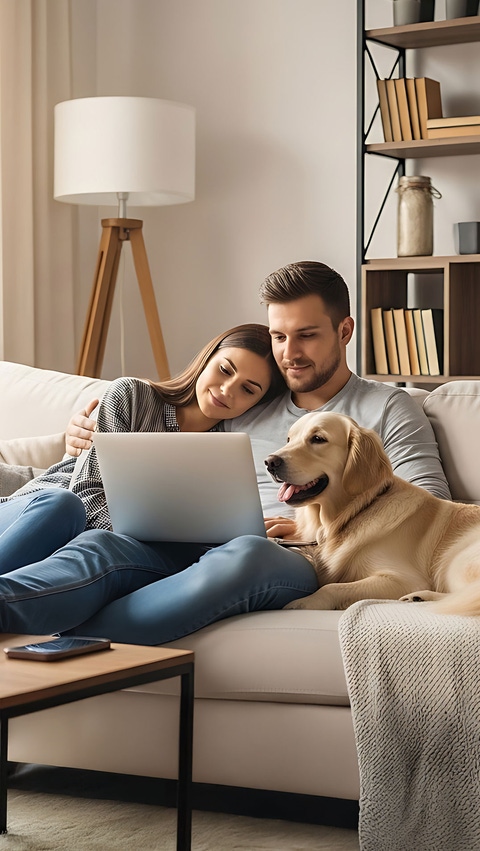 Jeune couple profitant d’un moment de détente sur leur canapé avec leur chien. Jeune couple profitant d’un moment de détente sur leur canapé avec leur chien.