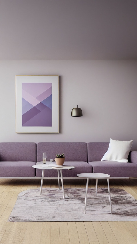 Finished living room with grey walls and purple couch Finished living room with grey walls and purple couch