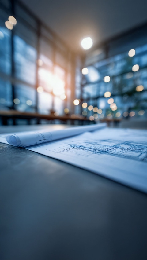 Closeup of drawings on a table with blurred construction background.