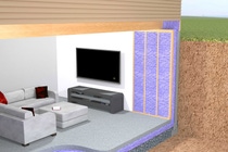 Graphic of basement living room revealing WALLTITE spray foam insulation in wall cavity and below slab